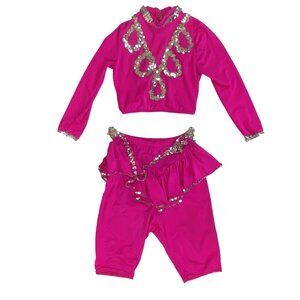 VNTG 80 Girls Sparkly Hot Pink Sequin Dance Costume Set Crop Top Capri Bottom S